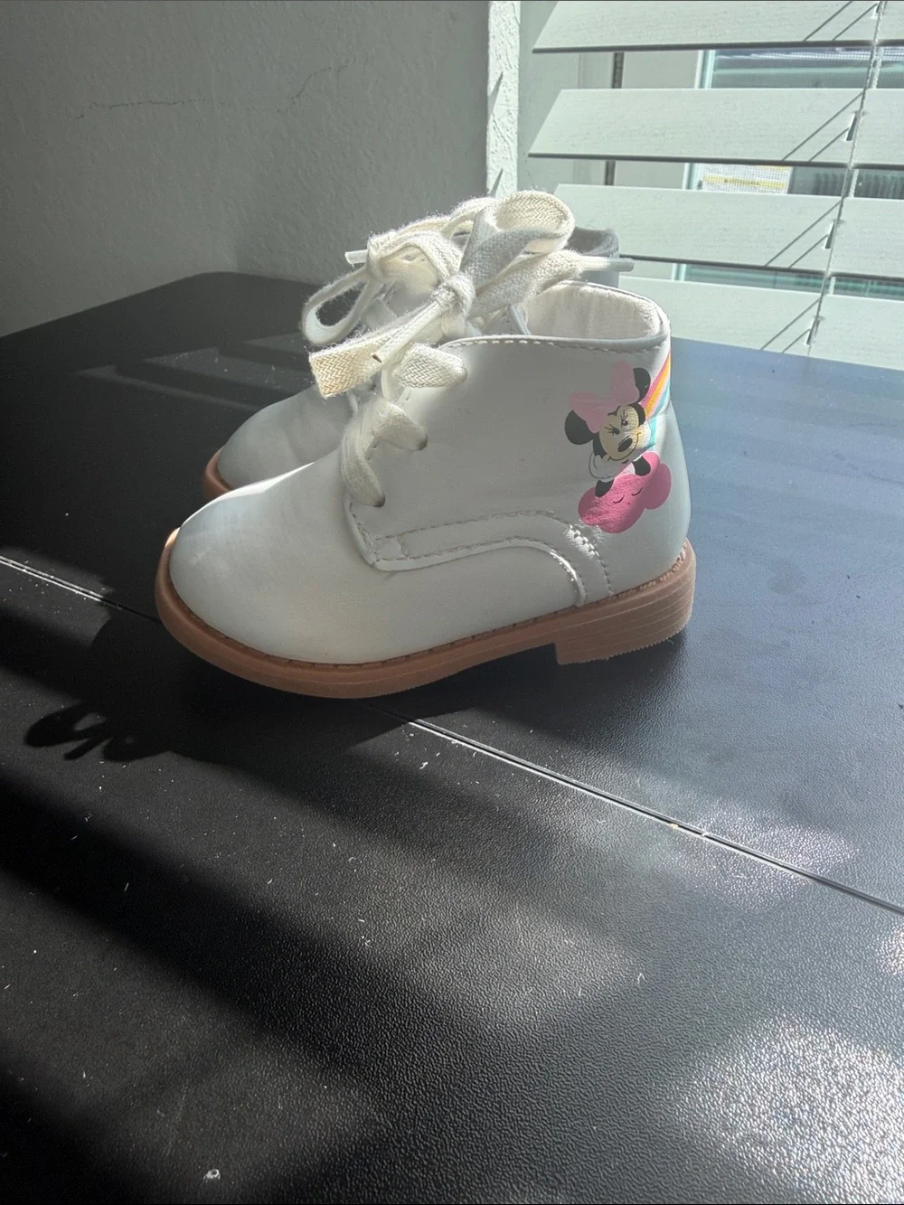 Disney White Kids Minnie Mouse Lace-Up Ankle Boots with Rainbow Accent